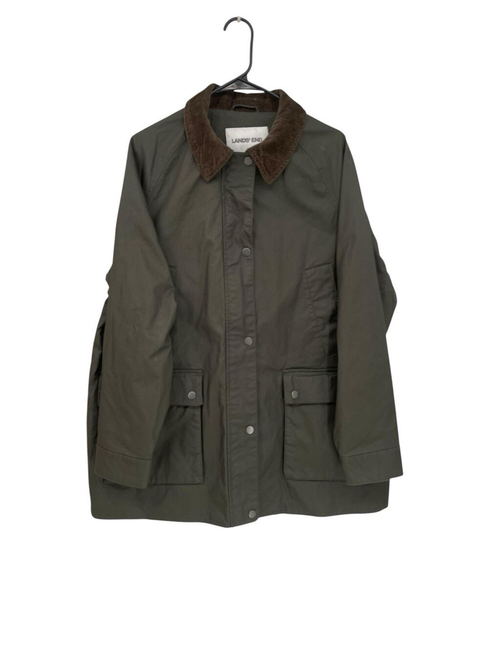 NWOT Land’s End Waxed Cotton Barn Jacket Coat Chore Corduroy Collar Green Large